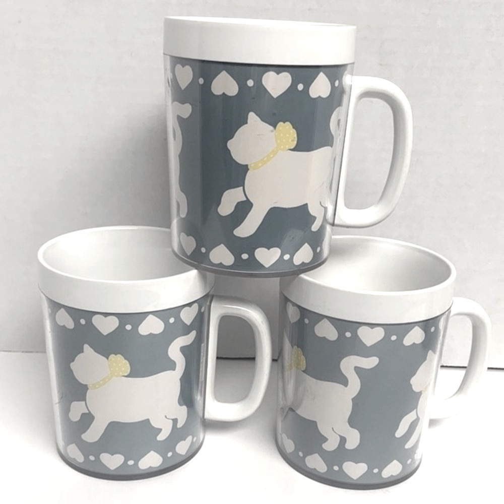 🌺VINTAGE “FAT CATS” THERMO SERV 1986 QUEST DESIGN GROUP PLASTIC MUG CUP SET (3)